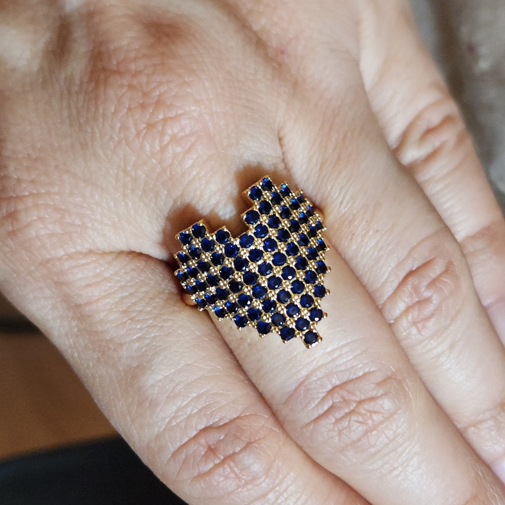 New 18K Gold Plated Blue Sapphire Pixel Heart Adjustable Ring for Women - Picture 8 of 11